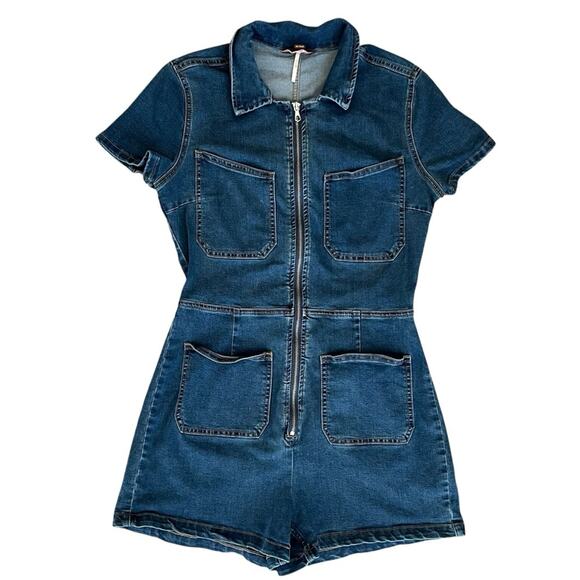 Free People Women’s Lennox Crvy Blue Denim Shortsuit Jeans Collared Romper Sz 12 - Picture 3 of 15
